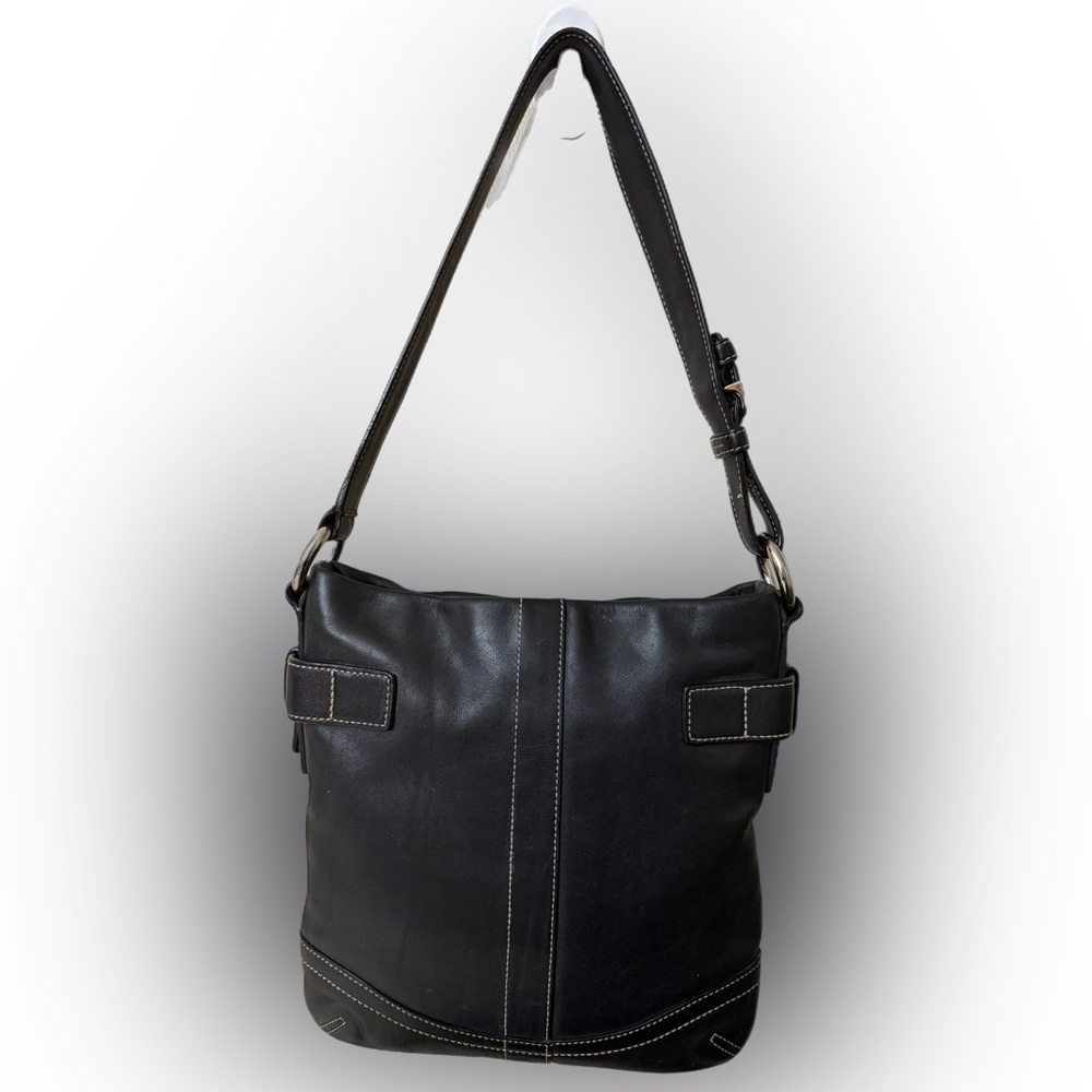 Vintage Coach#1453 Black Leather Shoulder Bag with Buckle Details - Picture 2 of 11